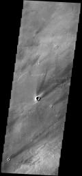 The windstreaks in this image from NASA's 2001 Mars Odyssey spacecraft are located on the lava plains between Pavonis Mons and Noctis Fossae.