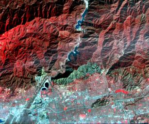 On Jan. 16, 2014, NASA's Terra spacecraft acquired this image of a wildfire broke that out in the mountains above the Los Angeles suburbs of Glendora and Azusa.