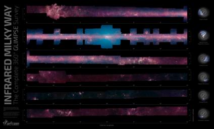 This mosaic reveals a panorama of the Milky Way from NASA's Spitzer Space Telescope. This picture covers only about three percent of the sky, but includes more than half of the galaxy's stars and the majority of its star formation activity.