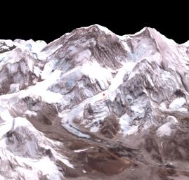 On Friday, April 26, 2014, an avalanche on Mount Everest killed at least 13 Sherpa guides. NASA's Terra spacecraft looked toward the northeast, with Mount Everest (center), and Lhotse, the fourth-highest mountain on Earth, on the skyline to right center.