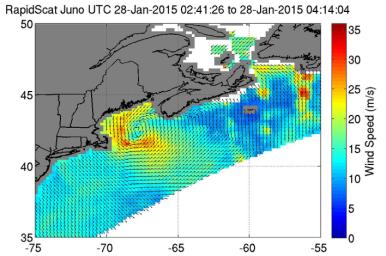 On Jan. 28, 2015 from 2:41 to 4:14 UTC, NASA's ISS-RapidScat saw the nor'easter's strongest sustained winds (red) between 56 and 67 mph (25 to 30 mps/90 to 108 kph) just off-shore from eastern Cape Cod.