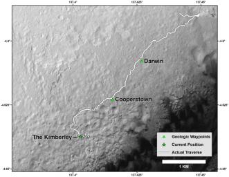 This map shows the route driven by NASA's Curiosity Mars rover from the 'Bradbury Landing' location where it landed in August 2012 (the start of the line in upper right) to a major waypoint called 'the Kimberley'.