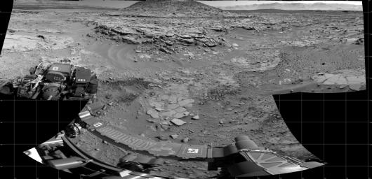 NASA's Curiosity Mars rover used its Navigation Camera (Navcam) on April 11, 2014, to record this scene of a butte called 'Mount Remarkable' and surrounding outcrops at a waypoint called 'the Kimberley' inside Gale Crater.