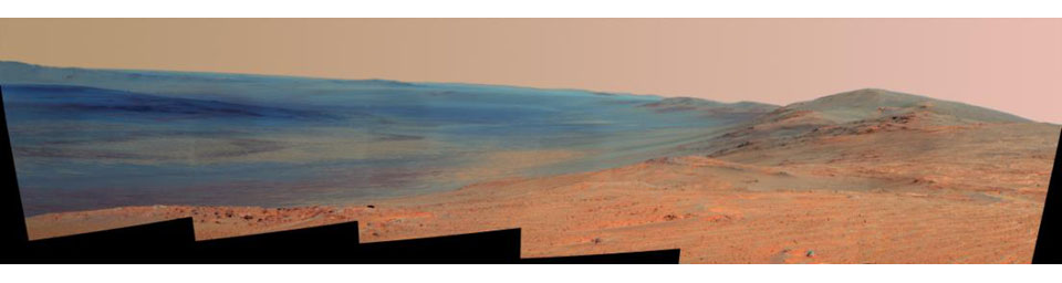 This false-color vista of the Endeavour Crater rim was acquired by NASA's Mars Exploration Rover Opportunity's panoramic camera on April 18, 2014, from 'Murray Ridge' on the western rim of the crater.