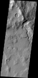 This image from NASA's 2001 Mars Odyssey spacecraft shows an unnamed channel that dissects the rim of a large crater in Arabia Terra.