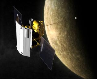 Artist's impression of NASA's MErcury Surface, Space ENvironment, GEochemistry, and Ranging (MESSENGER) spacecraft in orbit at Mercury.