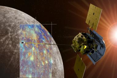 An artist's rendering of the MESSENGER spacecraft is shown passing near the crater Hokusai and its extensive system of rays. Both the monochrome and enhanced color views of Mercury were obtained during MESSENGER's second Mercury flyby.