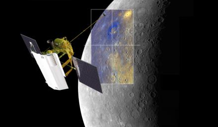 A depiction of NASA's MESSENGER spacecraft is shown viewing the Rachmaninoff basin.