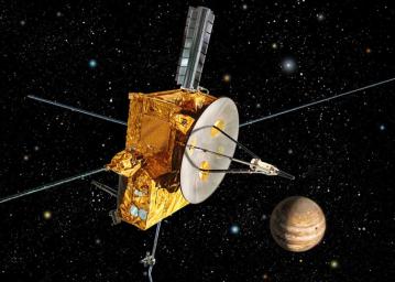 An artist's impression of Ulysses spacecraft at Jupiter. Ulysses used Jupiter's powerful gravity to hurl it out of the Plane of the Ecliptic (where most planets and satellites orbit) so it could study the polar regions of the Sun.