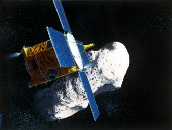 Artist's rendering of the Near Earth Asteroid Rendezvous (NEAR) spacecraft's rendezvous with the asteroid Eros.