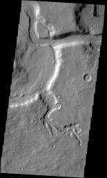Two channels are visible in this image from NASA's 2001 Mars Odyssey spacecraft . The smaller one near the bottom did not carve as deeply as the larger channel at the top. The channel near the top of the image is near the origin of Mamers Valles.