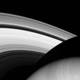 This image from NASA's Cassini spacecraft shows befitting moons named for brothers, Prometheus and Epimetheus. Both are small, icy moons that orbit near the main rings of Saturn.