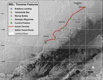 This map shows in red the route driven by NASA's Curiosity Mars rover from its landing site at 'Bradbury Landing.' The white line shows the planned route to reach destinations on Mount Sharp. Sol 669 will complete one Martian year.