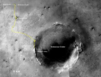 NASA's Opportunity rover, working on Mars since January 2004, passed 25 miles of total driving on the July 27, 2014. The gold line on this map shows Opportunity's route from the landing site inside Eagle Crater, in upper left.