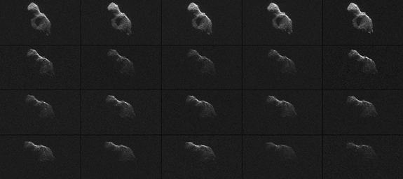 NASA scientists used Earth-based radar to produce these sharp views -- an image montage and a movie sequence -- of the asteroid designated '2014 HQ124' on June 8, 2014.