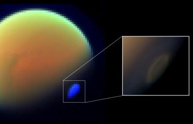 These two views of Saturn's moon Titan show the southern polar vortex, a huge, swirling cloud that was first observed by NASA's Cassini spacecraft in 2012.