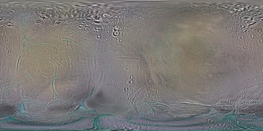 This set of global, color mosaics of Saturn's moon Enceladus was produced from images taken by NASA's Cassini spacecraft during its first ten years exploring the Saturn system.