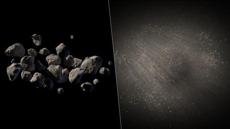 Illustrated in this artist's concept are two possible structures for asteroid 2011 MD. NASA's Spitzer infrared camera helped reveal that this asteroid consists of about two-thirds empty space.