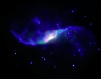 A composite image of the spiral galaxy NGC 4258 showing X-ray emission observed with NASA's Chandra X-ray Observatory (blue) and infrared emission observed with NASA's Spitzer Space Telescope (red and green).