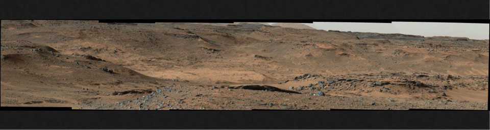 This image from NASA's Mars Curiosity rover shows the 'Amargosa Valley,' on the slopes leading up to Mount Sharp on Mars. The rover is headed toward the 'Pahrump Hills' outcrop.