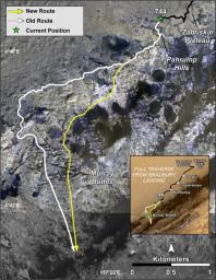The route of NASA's Mars Curiosity rover up the slopes of Mount Sharp on Mars is indicated in yellow in this image. The rover's current position is marked with a star. This new route provides excellent access to many features in the 'Murray Formation.'