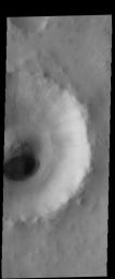 A sand sheet with surface dune forms covers part of the floor of this unnamed crater, as shown in this image from NASA's 2001 Mars Odyssey spacecraft. This crater is located in Acidalia Planitia.