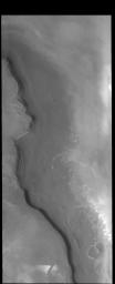 The cliff face in this image captured by NASA's 2001 Mars Odyssey spacecraft is called Rupes Tenius (rupes = scarp). The polar cap is the higher region to the left and the plains are located on the right side of the image.