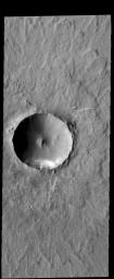 This image from NASA's 2001 Mars Odyssey spacecraft shows Lonar Crater. This crater has undergone very little modification since it formed, and so is one of the younger features in this region.