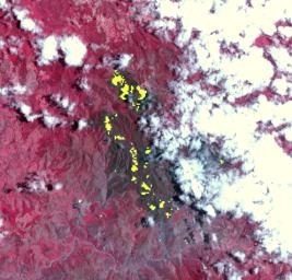 NASA's Terra spacecraft captured this thermal infrared view of the spread of the forest fire in Valle Nuevo National Park near Costanza, Dominican Republic.