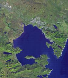 This image from NASA's Terra spacecraft shows Petropavlovsk-Kamchatsky (P-K), which is the administrative, cultural, scientific and economic center of Kamchatka Krai, Russia on the Kamchatka Peninsula.