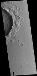 This image from NASA's 2001 Mars Odyssey spacecraft shows dark slope streaks on the inner rim of an unnamed crater in Amazonis Planitia.