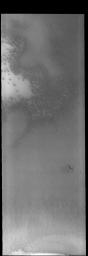 This image from NASA's 2001 Mars Odyssey spacecraft shows a linear surface texture of the south polar cap on Mars. This texture is described as looking like a thumbprint.