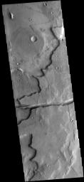 This image captured by NASA's 2001 Mars Odyssey spacecraft shows a graben cutting through a plateau. The graben is part of Sirenum Fossae.