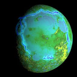 Topography of Earth's moon generated from data NASA's LRO, with the gravity anomalies bordering the Procellarum region superimposed in blue. The border structures are shown using gravity gradients calculated with data from NASA's GRAIL mission.