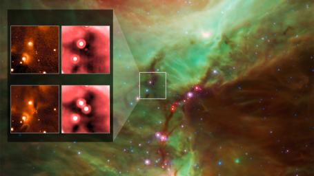 Infrared images from instruments at Kitt Peak National Observatory (left) and NASA's Spitzer Space Telescope document the outburst of HOPS 383, a young protostar in the Orion star-formation complex.