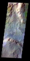 The THEMIS VIS camera contains 5 filters. The data from different filters can be combined in multiple ways to create a false color image. This false color image from NASA's 2001 Mars Odyssey spacecraft shows part of Daga Vallis on Eos Mensa.