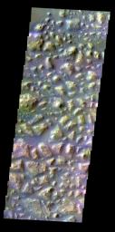 The THEMIS VIS camera contains 5 filters. The data from different filters can be combined in multiple ways to create a false color image. This false color image from NASA's 2001 Mars Odyssey spacecraft shows part of Atlantis Chaos.