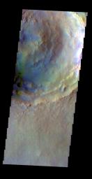 The THEMIS VIS camera contains 5 filters. The data from different filters can be combined in multiple ways to create a false color image. This false color image from NASA's 2001 Mars Odyssey spacecraft shows part of Calahorra Crater in Chryse Planitia.