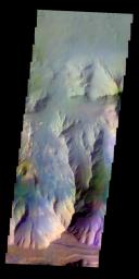 The THEMIS VIS camera contains 5 filters. The data from different filters can be combined in multiple ways to create a false color image. This false color image from NASA's 2001 Mars Odyssey spacecraft shows part of Coprates Chasma.