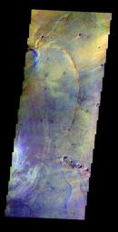 The THEMIS VIS camera contains 5 filters. The data from different filters can be combined in multiple ways to create a false color image. This false color image from NASA's 2001 Mars Odyssey spacecraft shows part of Nili Patera.