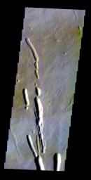 The THEMIS VIS camera contains 5 filters. The data from different filters can be combined in multiple ways to create a false color image. This false color image from NASA's 2001 Mars Odyssey spacecraft shows the southern flank of Ascraeus Mons.