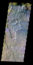 The THEMIS VIS camera contains 5 filters. The data from different filters can be combined in multiple ways to create a false color image. This false color image from NASA's 2001 Mars Odyssey spacecraft shows part of Coprates Chasma.