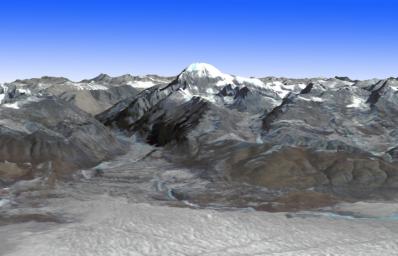 This image from NASA's Terra spacecraft shows Mt. Kailash, a peak in the Kailas Range in Tibet. It lies near the source of some of the longest Asian rivers: the Brahmaputra, the Sutlej and the Karnali.
