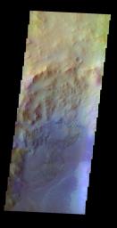 The THEMIS VIS camera contains 5 filters. The data from different filters can be combined in multiple ways to create a false color image. This false color image from NASA's 2001 Mars Odyssey spacecraft shows part of Hargraves Crater.