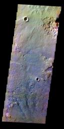 The THEMIS VIS camera contains 5 filters. The data from different filters can create a false color image. This false color image from NASA's 2001 Mars Odyssey spacecraft shows part of the floor of Schaeberle Crater, including small dunes.