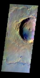 The THEMIS VIS camera contains 5 filters. The data from different filters can be combined in multiple ways to create a false color image. This false color image from NASA's 2001 Mars Odyssey spacecraft shows Makhambet Crater.