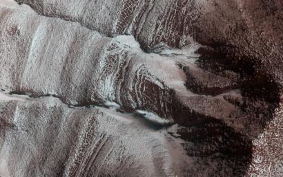 The frosted gullies in this observation from NASA's Mars Reconnaissance Orbiter are located along an irregularly shaped pit which lies within an impact crater in Sisyphi Planum ocated northwards of the Southern polar layered deposits.