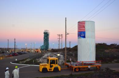 NASA's Soil Moisture Active Passive (SMAP) satellite is transported across Vandenberg Air Force Base in California to Space Launch Complex 2, where it will be mated to a Delta II rocket for launch, targeted for Jan. 29.