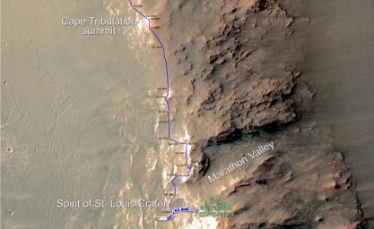 Eleven years and two months after its landing on Mars, the total driving distance of NASA's Mars Exploration Rover Opportunity surpassed the length of a marathon race: 26.219 miles (42.195 kilometers).