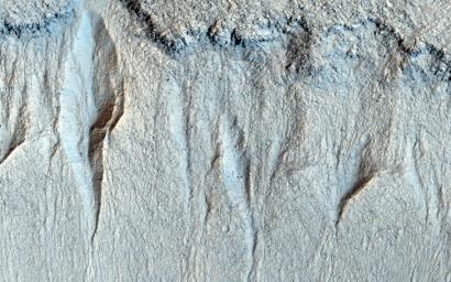 NASA's Mars Reconnaissance Orbiter observes a group of small gullies along a rock layer on the south wall of Liu Hsin Crater. At the foot of the gullies 'fans' of granular sediment have been deposited downhill from the gully formation.